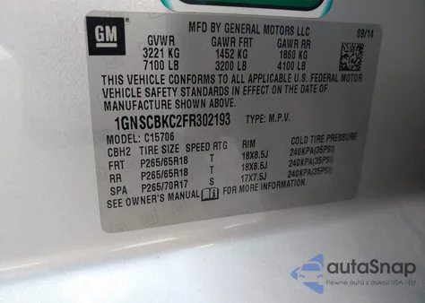 2015 Chevrolet Tahoe Lt z USA, uszkodzony, nr VIN 1GNSCBKC2FR302193